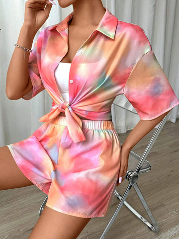 Women's Summer Fashionable Casual-Fitting Tie Dye Shirt And Shorts Two-Piece Set