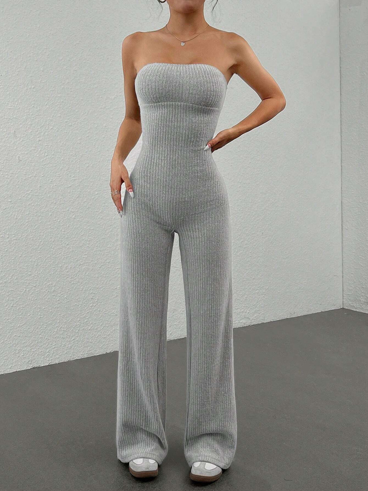 Women's Summer Fashionable Solid Color Ribbed Tube Top Jumpsuit