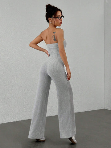 Women's Summer Fashionable Solid Color Ribbed Tube Top Jumpsuit