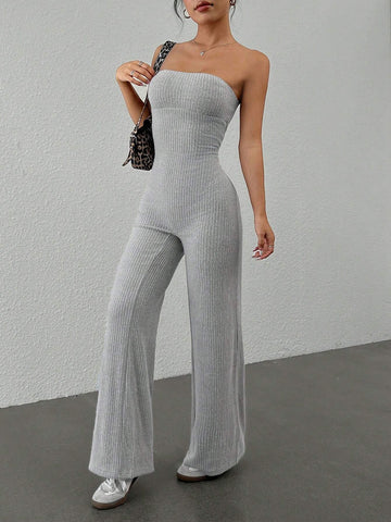Women's Summer Fashionable Solid Color Ribbed Tube Top Jumpsuit
