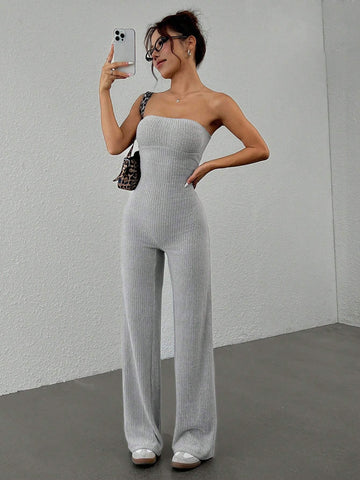 Women's Summer Fashionable Solid Color Ribbed Tube Top Jumpsuit