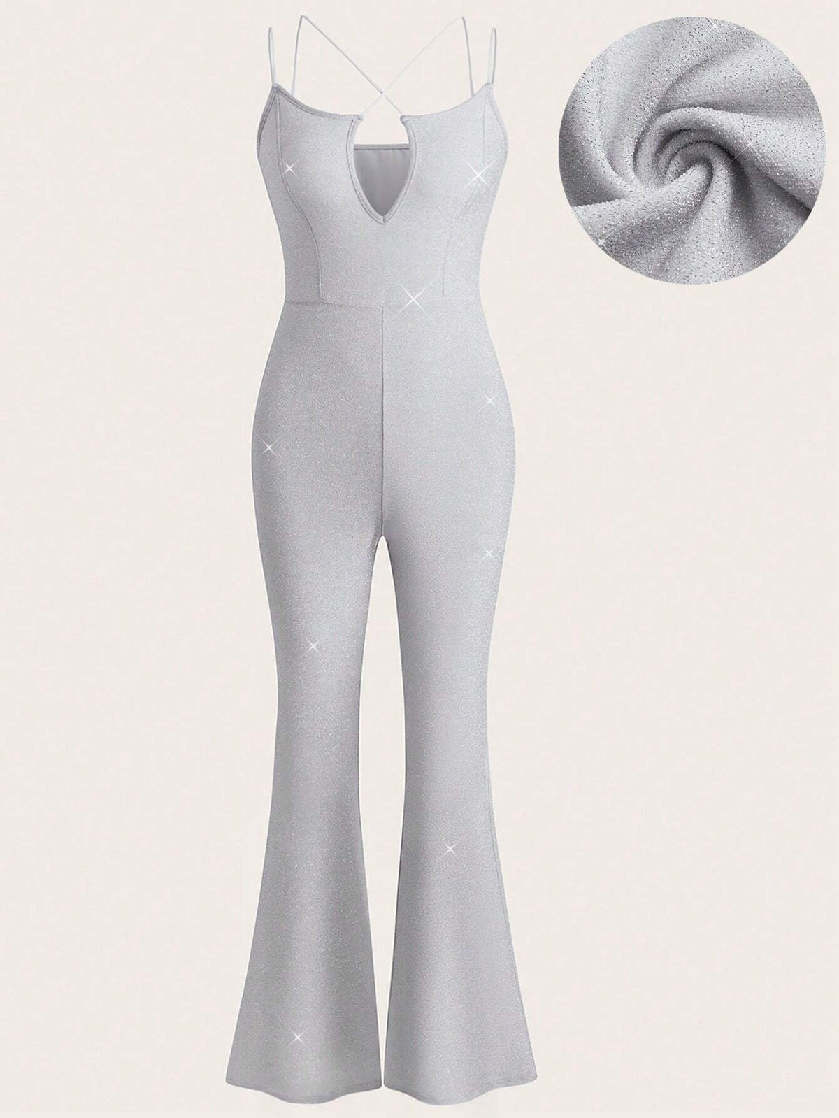 Women's Summer Fashionable Sparkling Hollow Out Flared Jumpsuit With Spaghetti Straps