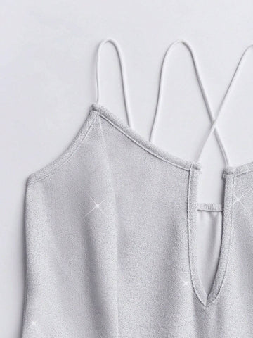 Women's Summer Fashionable Sparkling Hollow Out Flared Jumpsuit With Spaghetti Straps