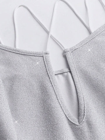 Women's Summer Fashionable Sparkling Hollow Out Flared Jumpsuit With Spaghetti Straps