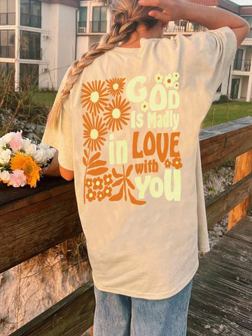 EZwear Women's Summer Floral Slogan Printed Round Neck Short Sleeve Loose Casual T-Shirt