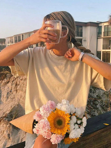 EZwear Women's Summer Floral Slogan Printed Round Neck Short Sleeve Loose Casual T-Shirt