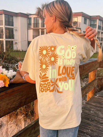 EZwear Women's Summer Floral Slogan Printed Round Neck Short Sleeve Loose Casual T-Shirt