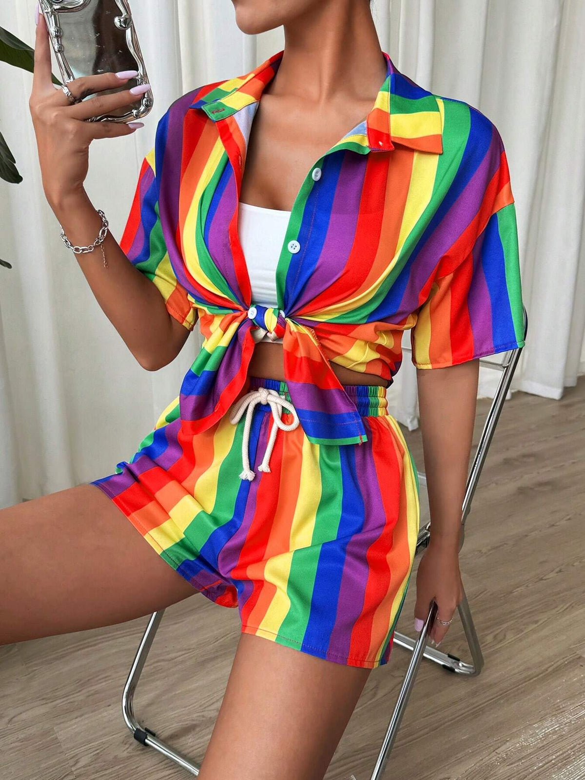 Women's Summer Holiday Casual Rainbow Striped Short Sleeve Shirt And Shorts Set