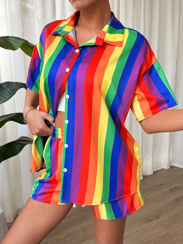 Women's Summer Holiday Casual Rainbow Striped Short Sleeve Shirt And Shorts Set