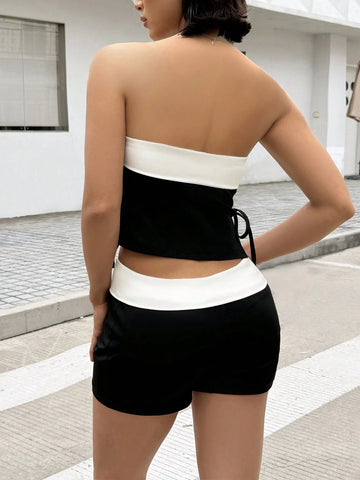 Women's Summer Knitted Contrast Color Sleeveless Top And Shorts Casual Set With Side Tie Design