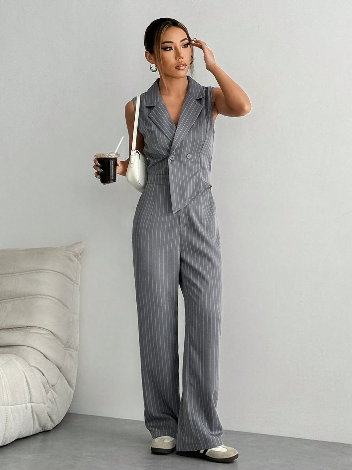 Women's Summer Lapel Collar Daily Commute Double-Breasted Striped Jumpsuit