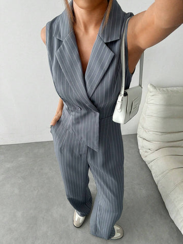 Women's Summer Lapel Collar Daily Commute Double-Breasted Striped Jumpsuit