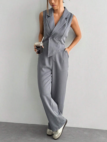 Women's Summer Lapel Collar Daily Commute Double-Breasted Striped Jumpsuit