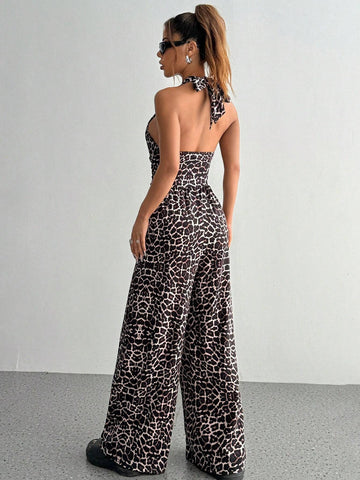 Women's Summer Leopard Print Wide Leg Tie-Up Halter Jumpsuit