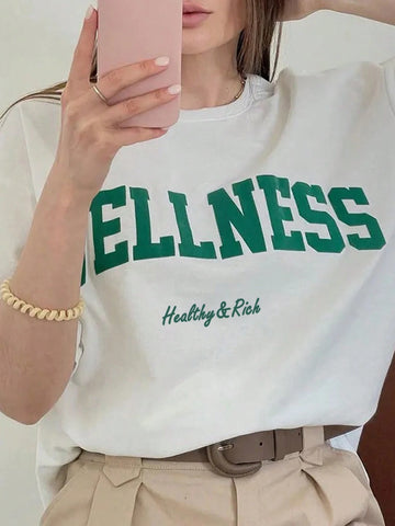 EZwear Women's Summer Letter Print Round Neck Oversized Drop-Shoulder Sleeve Casual T-Shirt