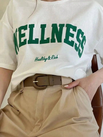 EZwear Women's Summer Letter Print Round Neck Oversized Drop-Shoulder Sleeve Casual T-Shirt