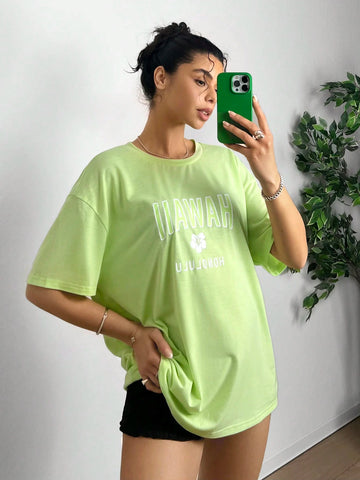 EZwear Women's Summer Letter Print Round Neck Short Sleeve Casual T-Shirt