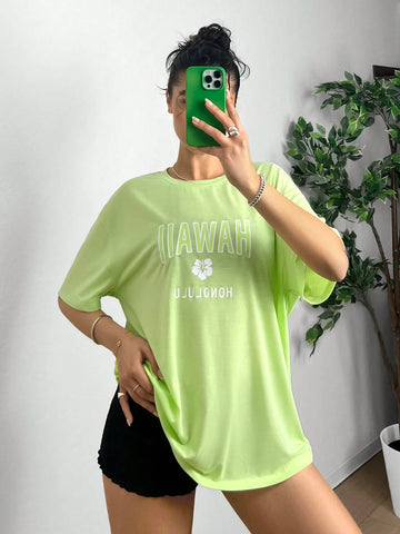 EZwear Women's Summer Letter Print Round Neck Short Sleeve Casual T-Shirt