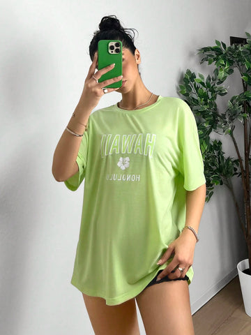 EZwear Women's Summer Letter Print Round Neck Short Sleeve Casual T-Shirt