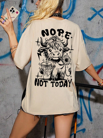 Women's Summer Letter Printed Round Neck Drop Shoulder Short Sleeve Loose Casual T-Shirt