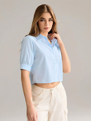EZwear Women's Summer Loose Casual Blue Pleated Mid-Sleeve Shirt