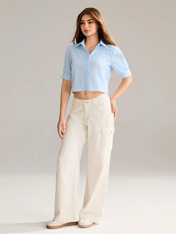 EZwear Women's Summer Loose Casual Blue Pleated Mid-Sleeve Shirt