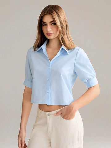 EZwear Women's Summer Loose Casual Blue Pleated Mid-Sleeve Shirt