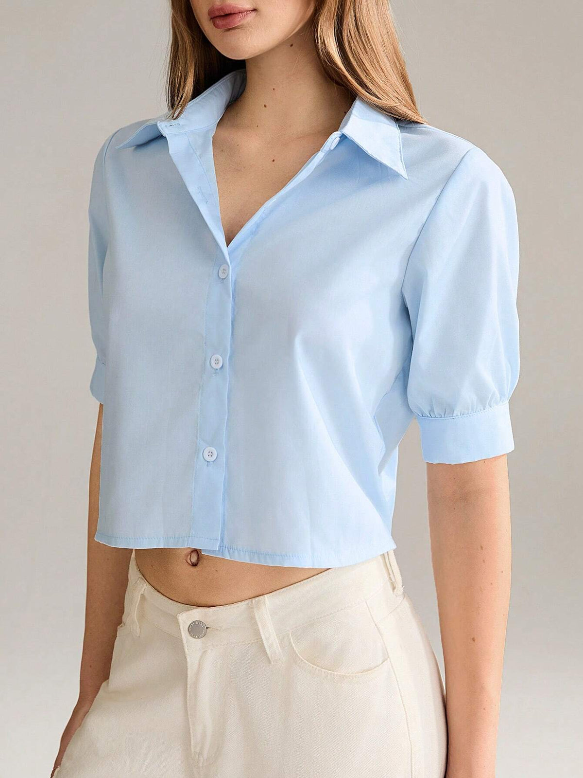 EZwear Women's Summer Loose Casual Blue Pleated Mid-Sleeve Shirt
