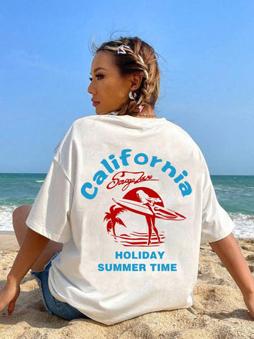 EZwear Women's Summer Loose Fit Casual T-Shirt, Letter And Palm Tree Printed, Drop Shoulder Short Sleeves