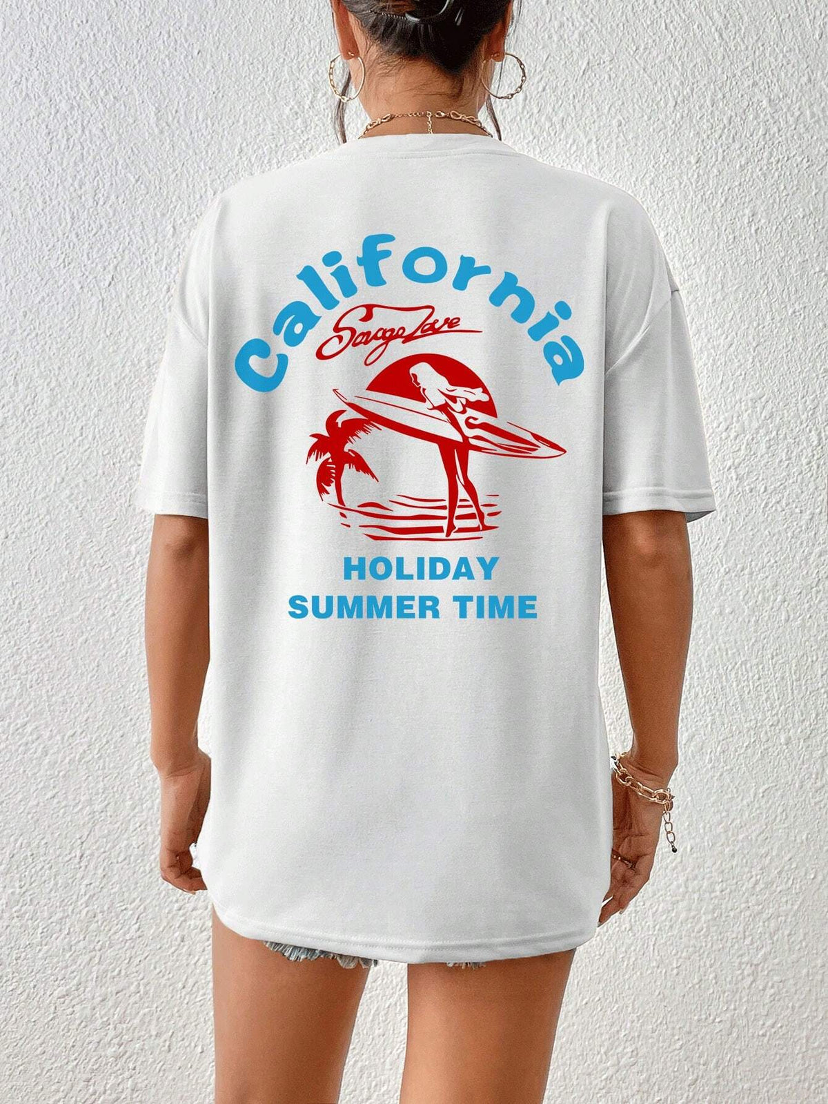 EZwear Women's Summer Loose Fit Casual T-Shirt, Letter And Palm Tree Printed, Drop Shoulder Short Sleeves