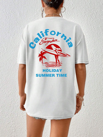 EZwear Women's Summer Loose Fit Casual T-Shirt, Letter And Palm Tree Printed, Drop Shoulder Short Sleeves