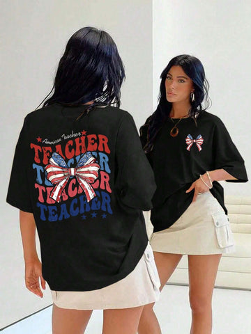 Women's Summer Loose Fit Casual T-Shirt With Round Neck, Drop Shoulder Sleeves, Letter And Bow Print