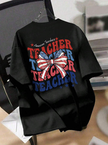 Women's Summer Loose Fit Casual T-Shirt With Round Neck, Drop Shoulder Sleeves, Letter And Bow Print