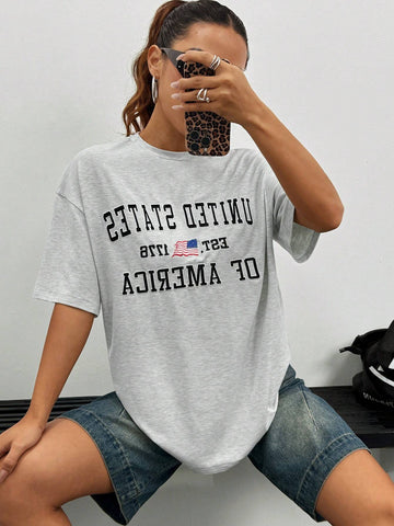 EZwear Women's Summer Loose Fit Patriotic American Flag Print Round Neck T-Shirt With Dropped Shoulders And Slogan