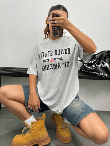 EZwear Women's Summer Loose Fit Patriotic American Flag Print Round Neck T-Shirt With Dropped Shoulders And Slogan