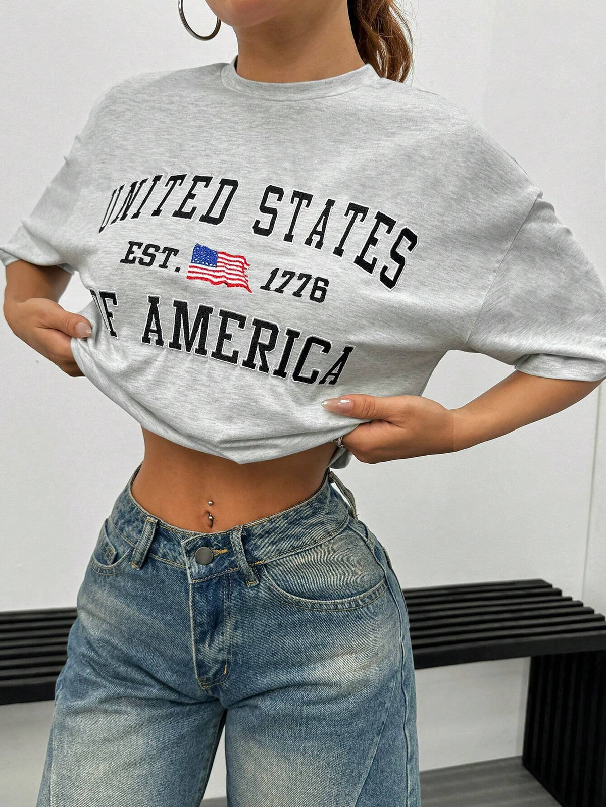 EZwear Women's Summer Loose Fit Patriotic American Flag Print Round Neck T-Shirt With Dropped Shoulders And Slogan