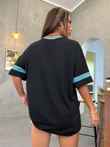 Women's Summer Los Angeles English Numeric Pattern Ribbed V-Neck Oversized T-Shirt