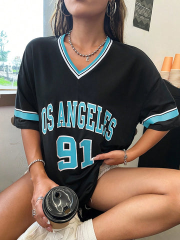 Women's Summer Los Angeles English Numeric Pattern Ribbed V-Neck Oversized T-Shirt