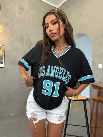 Women's Summer Los Angeles English Numeric Pattern Ribbed V-Neck Oversized T-Shirt