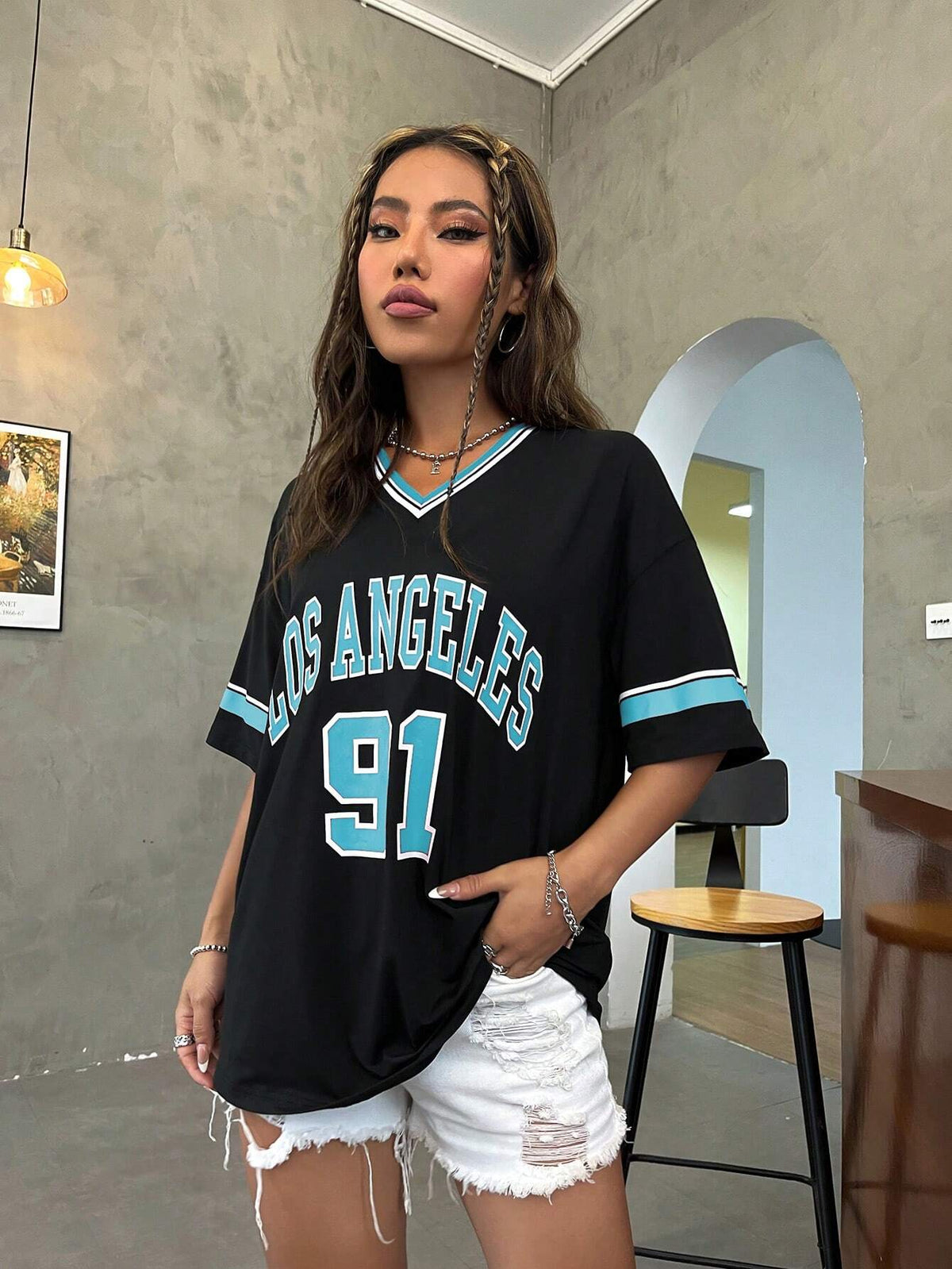 Women's Summer Los Angeles English Numeric Pattern Ribbed V-Neck Oversized T-Shirt