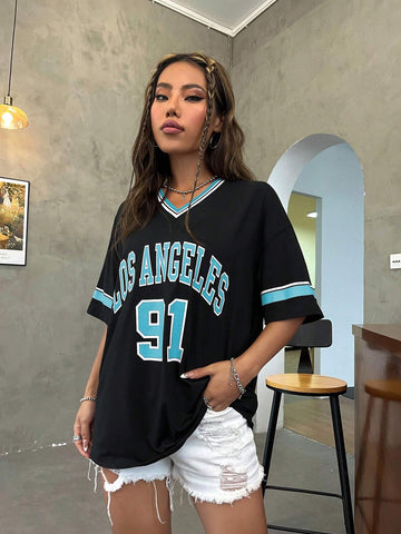 Women's Summer Los Angeles English Numeric Pattern Ribbed V-Neck Oversized T-Shirt
