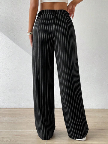 EZwear Women's Summer Mid Rise Pinstripe Straight Leg Pants
