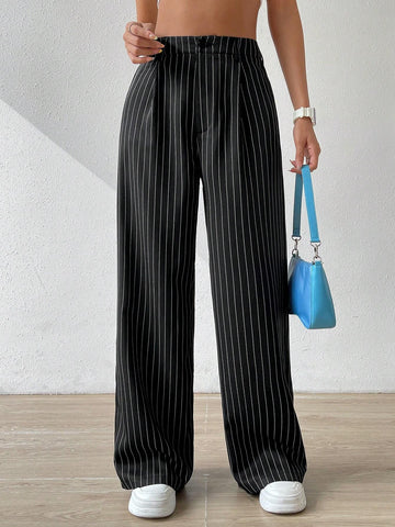 EZwear Women's Summer Mid Rise Pinstripe Straight Leg Pants