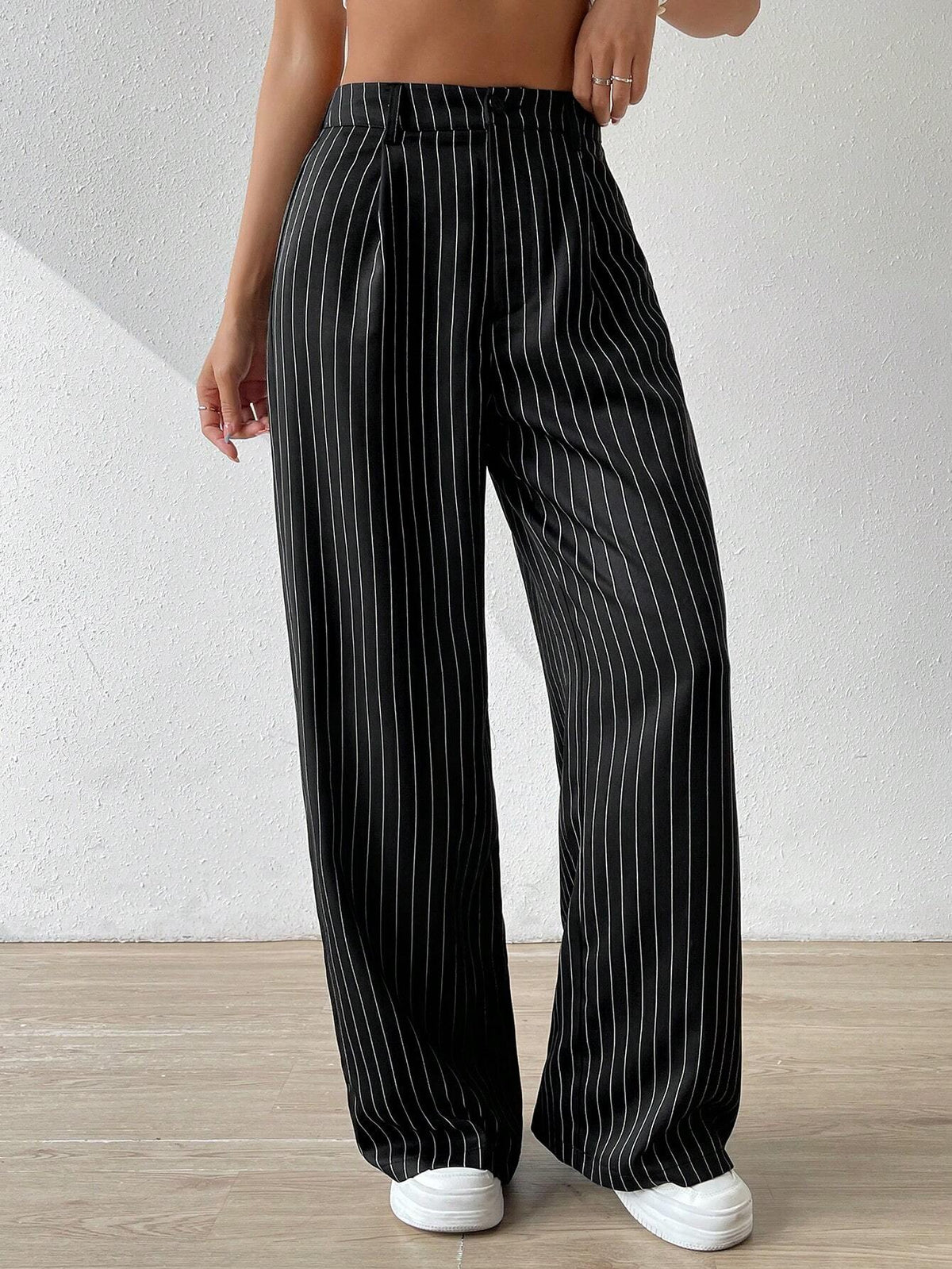 EZwear Women's Summer Mid Rise Pinstripe Straight Leg Pants