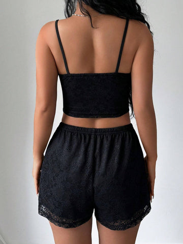 Women's Summer Minimalist Sexy Lace Double Layer Knitted And High Elasticity Low-Waist Shorts Set, 2pcs