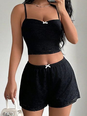 Women's Summer Minimalist Sexy Lace Double Layer Knitted And High Elasticity Low-Waist Shorts Set, 2pcs