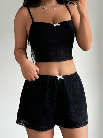 Women's Summer Minimalist Sexy Lace Double Layer Knitted And High Elasticity Low-Waist Shorts Set, 2pcs