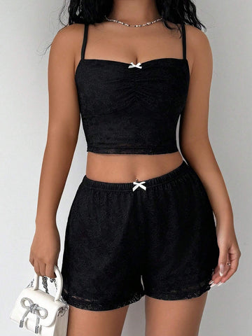 Women's Summer Minimalist Sexy Lace Double Layer Knitted And High Elasticity Low-Waist Shorts Set, 2pcs