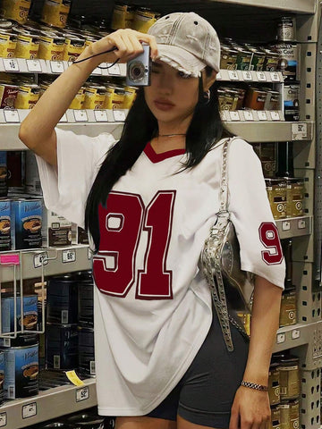 Women's Summer Number Print V-Neck Short Sleeve Casual T-Shirt