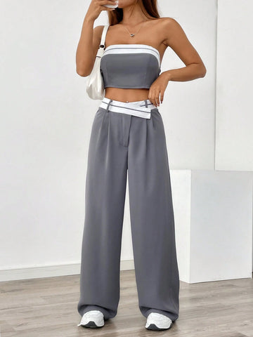 Women's Summer Short Cropped Tube Top And Long Pants Casual Two-Piece Set With Asymmetric Waistband And Color-Blocked Weaved Belt